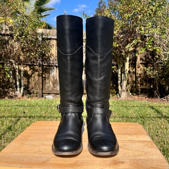 Frye Phillip Black Leather Knee High Buckle Riding Boots Size 6.5 B - Picture 2 of 8